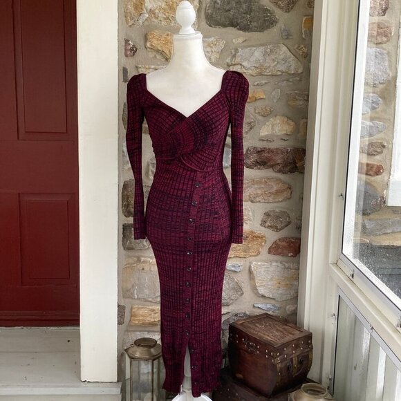 NWT SELF-PORTRAIT Sweetheart-Neck Ribbed-Jersey Midi Dress Red & Black Small - Picture 9 of 12